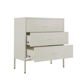 The Lambeth metal drawers in vanilla with 3 drawers, and 2 of them open