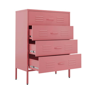 The Harrow metal drawers in flamingo pink with 4 drawers and 3 of them open