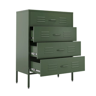 The Harrow metal drawers in forest green with 4 drawers and 3 of them open