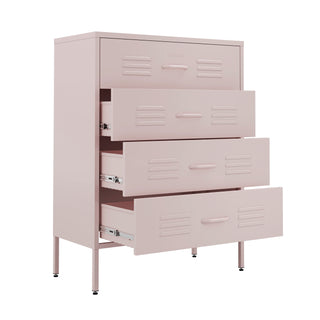 The Harrow metal drawers in light pink with 4 drawers and 3 of them open