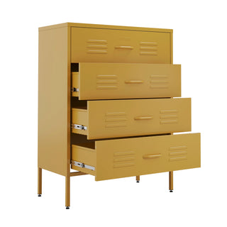 The Harrow metal drawers in mustard yellow with 4 drawers and 3 of them open