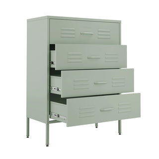 The Harrow metal drawers in sage green with 4 drawers and 3 of them open