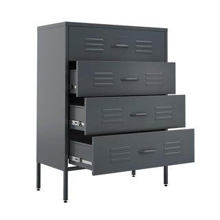 The Harrow metal drawers in slate grey with 4 drawers and 3 of them open