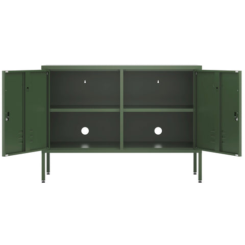 The Oxford metal storage locker in forest green with two doors, both open