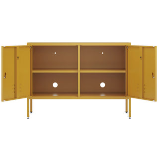 The Oxford metal storage locker in mustard yellow with two doors, both open