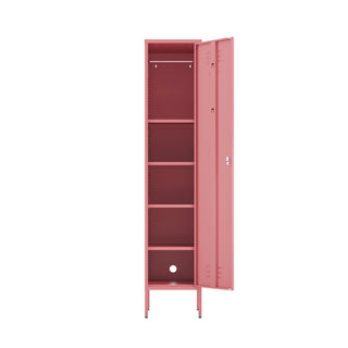 The Bexley single-door tall storage locker in flamingo pink, with the door open