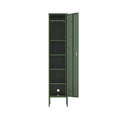 The Bexley single-door tall storage locker in forest green, with the door open