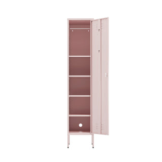 The Bexley single-door tall storage locker in light pink, with the door open