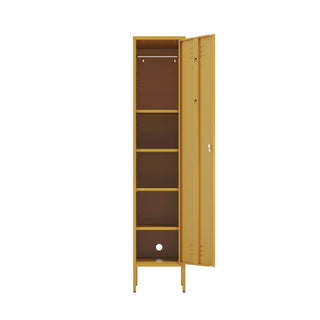 The Bexley single-door tall storage locker in mustard yellow, with the door open