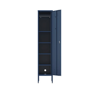 The Bexley single-door tall storage locker in navy blue, with the door open