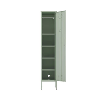 The Bexley single-door tall storage locker in sage green, with the door open