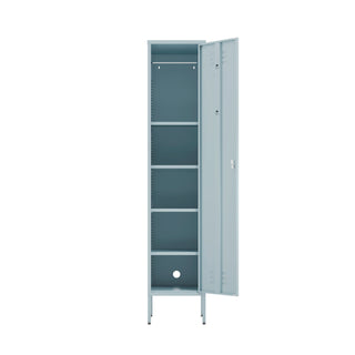 The Bexley single-door tall storage locker in sky blue, with the door open