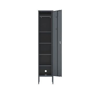 The Bexley single-door tall storage locker in slate grey, with the door open