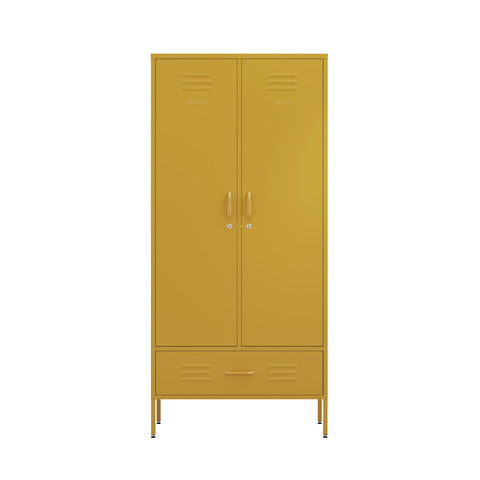 two door, one drawer metal wardrobe locker in mustard yellow 