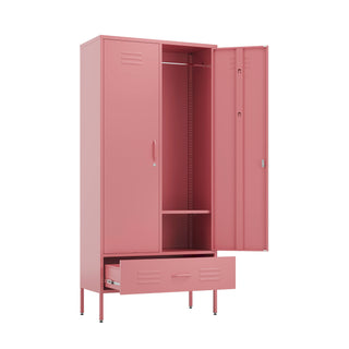 Metal, tall, double-door and single-drawer wardrobe locker in flamingo pink, with one door and drawer open