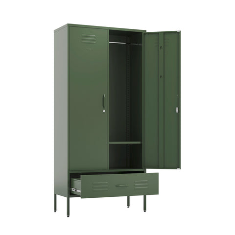 Metal, tall, double-door and single-drawer wardrobe locker in forest green, with one door and drawer open