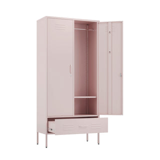 Metal, tall, double-door and single-drawer wardrobe locker in light pink, with one door and drawer open