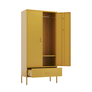 Metal, tall, double-door and single-drawer wardrobe locker in mustard yellow, with one door and drawer open