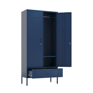 Metal, tall, double-door and single-drawer wardrobe locker in navy blue, with one door and drawer open