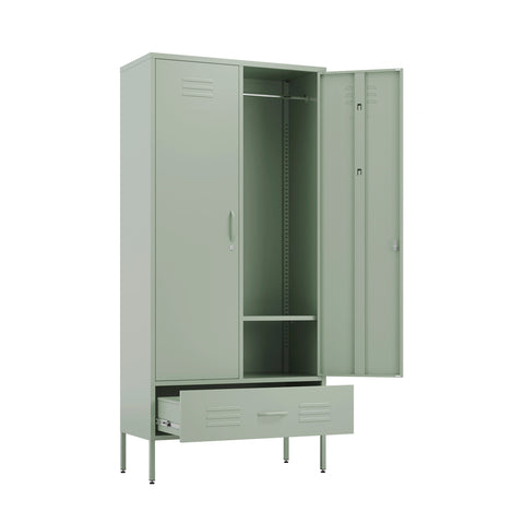 Metal, tall, double-door and single-drawer wardrobe locker in sage green, with one door and drawer open