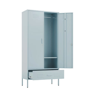 Metal, tall, double-door and single-drawer wardrobe locker in sky blue, with one door and drawer open