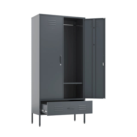 Metal, tall, double-door and single-drawer wardrobe locker in slate grey, with one door and drawer open