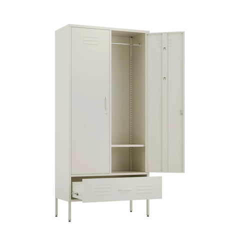 Metal, tall, double-door and single-drawer wardrobe locker in vanilla, with one door and drawer open