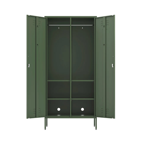 The Chelsea double-door, metal wardrobe locker in forest green, with both doors open