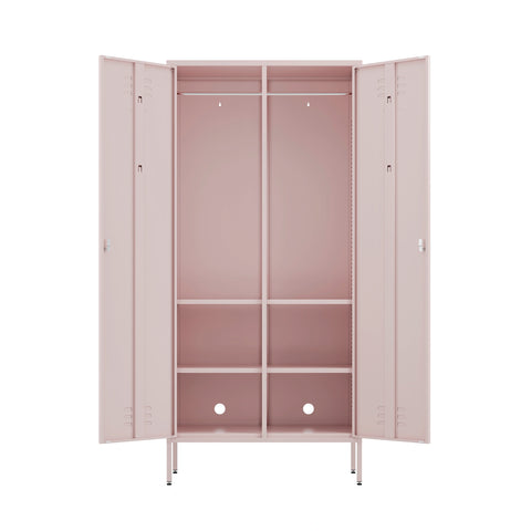 The Chelsea double-door, metal wardrobe locker in light pink, with both doors open