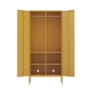 The Chelsea double-door, metal wardrobe locker in mustard yellow, with both doors open