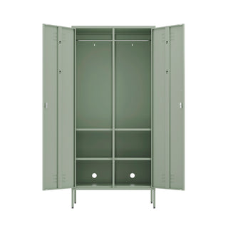 The Chelsea double-door, metal wardrobe locker in sage green, with both doors open