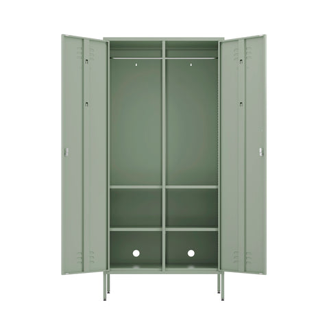 The Chelsea double-door, metal wardrobe locker in sage green, with both doors open