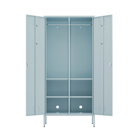 The Chelsea double-door, metal wardrobe locker in sky blue, with both doors open 