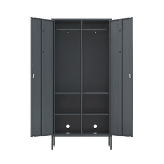 The Chelsea double-door, metal wardrobe locker in slate grey, with both doors open