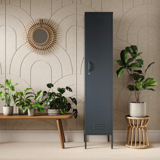 The Bexley tall, one door storage locker in slate grey with plants either side.